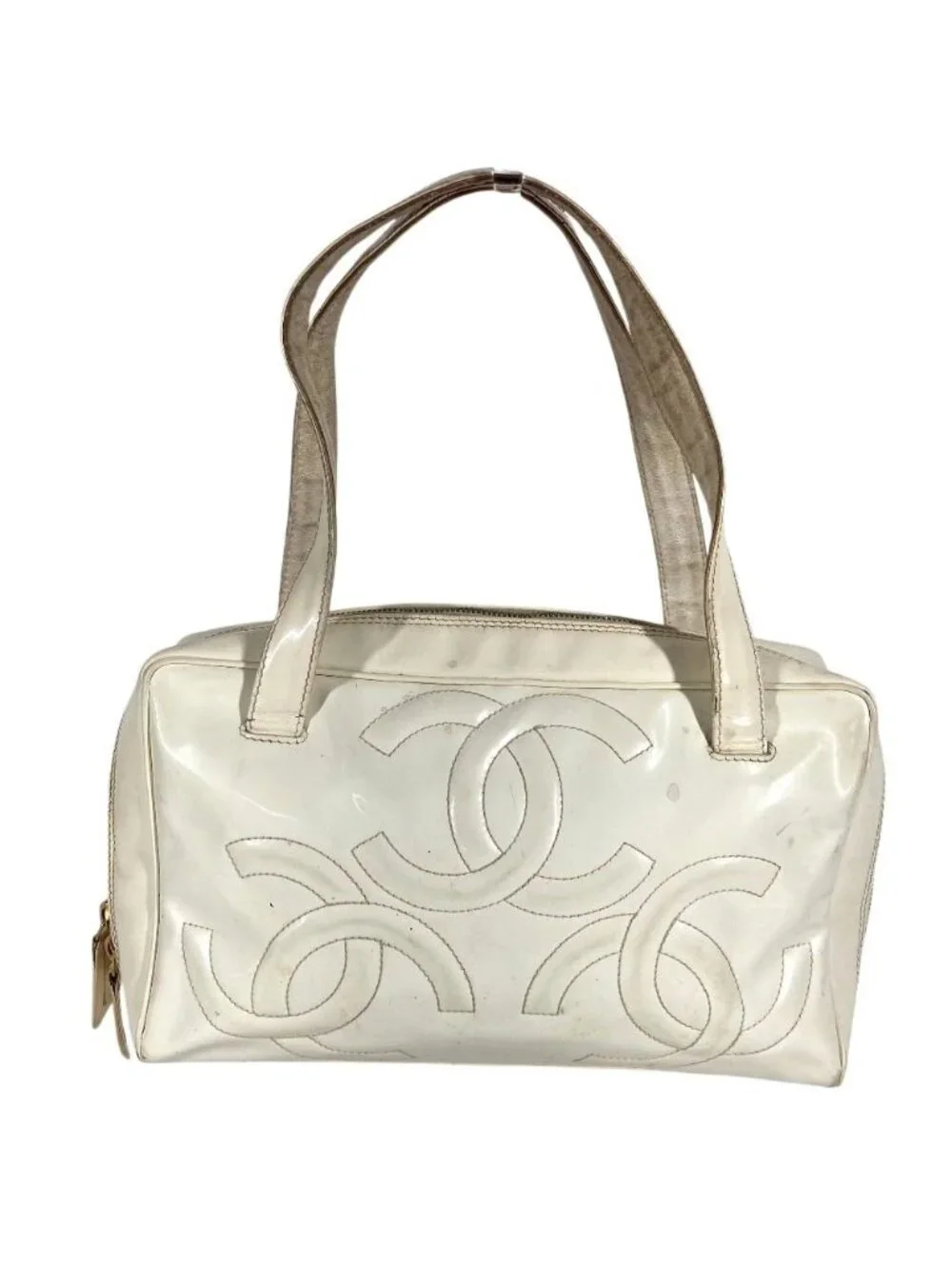 Chanel Shoulder Bag Logo Triple Coco CC Enamel White